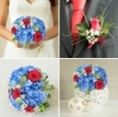 Set against the tailored lapel of a groom's suit and paired with a matching hand-tied bouquet, this wedding set speaks in bold, confident colour and considered texture. The boutonnière is a single, curled red rosebud hugged by a miniature spray of gypsophila and a slender thread of trailing greenery - a small, tidy accent that echoes the larger bouquet's drama. The bouquet itself rests lightly in the image like a crafted landscape: vivid blue hydrangeas form a generous, cloud-like base whose rounded heads create an architectural sweep, while clusters of velvety red roses punctuate that mass with saturated points of passion. Silvered eucalyptus leaves weave through the arrangement, their soft coin-shaped foliage introducing cool highlights and a subtle, eucalyptus-sweet, almost piney aroma that tempers the floral sweetness. Baby's breath acts as delicate punctuation-airy, lace-like and light-softening edges and giving the eye tiny points to rest upon. The lighting catches the hydrangea's layered petals so they appear almost translucent at the edges, and the roses reflect a deeper, plush sheen; together the textures feel substantial yet refined. As a Highgate florist, working from my studio near Swains Lane and familiar with the way natural light behaves in the Village, I place these elements so they travel well from ceremony to reception, retaining their freshness and compositional intent in photographs and in the hands of the couple.